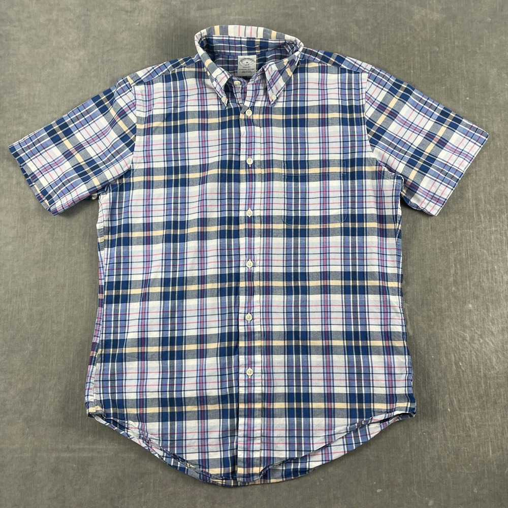 Brooks Brothers Mens M Blue Plaid Regent Short Sleeve Button Down Shirt